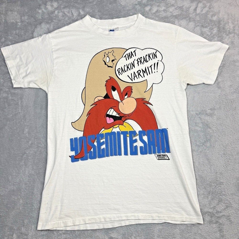 Vintage Yosemite Sam Mens L White Rackin Frackin Varmit Distressed Thin 80s 1989